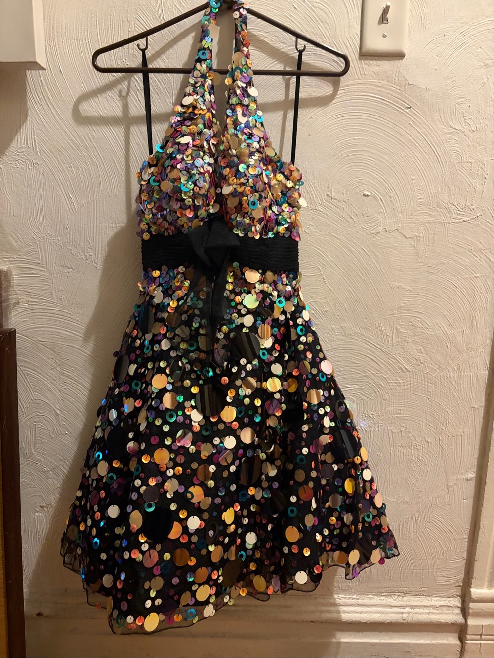 Cache Black Halter Sequin Cocktail Dress with Iridescent Discs